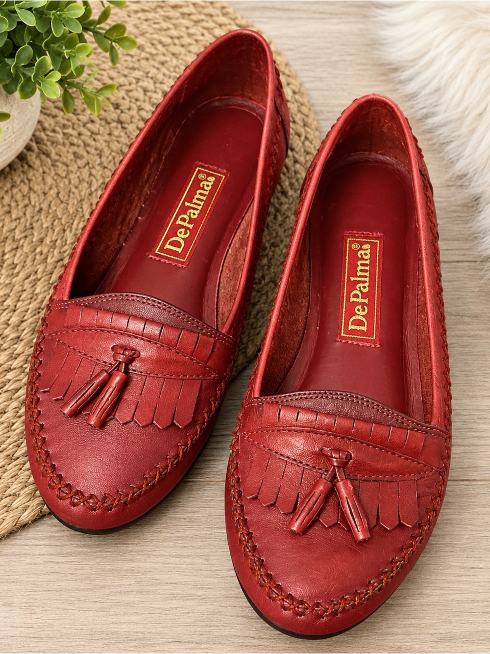 Red Leather Tassel Loafers for Women